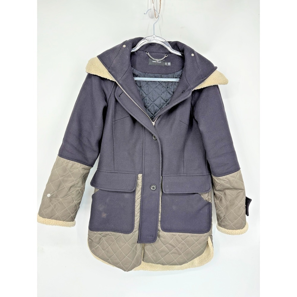 Karen Millen Wool Blend Quilted Coat Women's‎ Size 4 Hooded Full Zip Winter Cozy